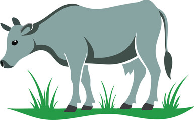Cute cartoon illustration of a gray cow grazing in a field.