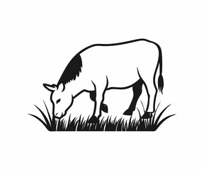 Black and white illustration of a donkey grazing in a field.