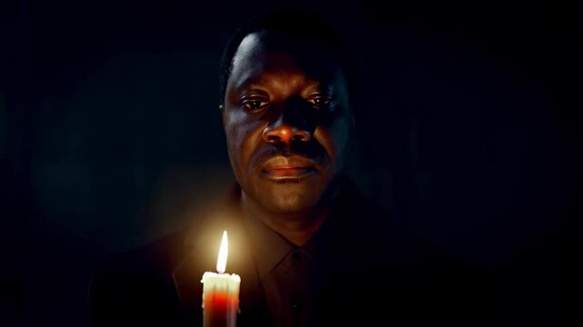 African American man holding burning candle on dark background. Dramatic scene. Memorial and remembrance. Black History Month, Black lives matter
