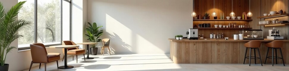 Minimalist coffee shop interior with monochromatic color scheme, minimal, modern