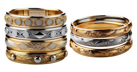 Elegant Stack of Silver and Gold Rings with Intricate Designs, PNG bundle collection, Isolated on Transparent Background