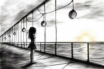 Explore a captivating minimalist pencil sketch featuring an anime girl standing, exuding a sense of tranquility. #anime #sketch #minimalistart
