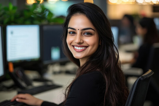 young indian business woman working on computer at office