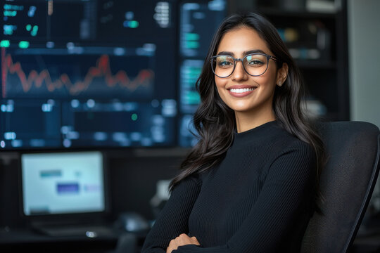 young indian business woman working on computer at office