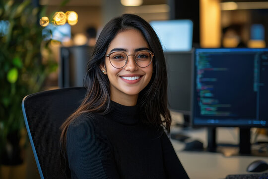 young indian business woman working on computer at office - Powered by Adobe