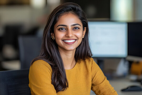 young indian business woman working on computer at office