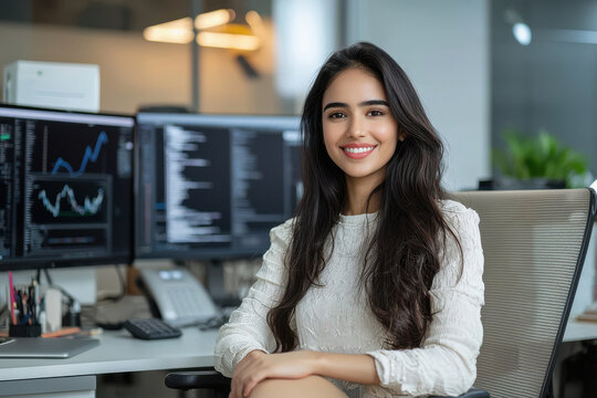 young indian business woman working on computer at office