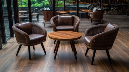 Fototapeta premium Cozy seating area with modern chairs and wooden table in stylish interior decor