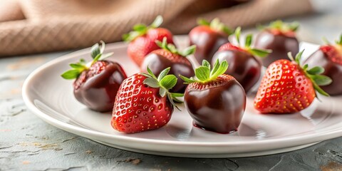 Fresh halved chocolate-covered strawberry halves on a white plate, exposed to natural light with a blurred background , chocolate-covered strawberry, still life