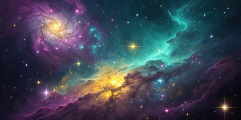 Fototapeta premium Vibrant interstellar nebula and spiral galaxy with bright stars in deep space