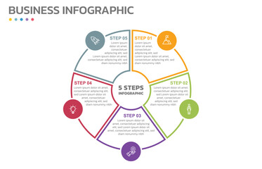 Visual data presentation. Cycle diagram with 5 options. Pie Chart Circle thin line infographic template with 5 steps, options, parts, segments. Business concept. Marketing infographic outline style.