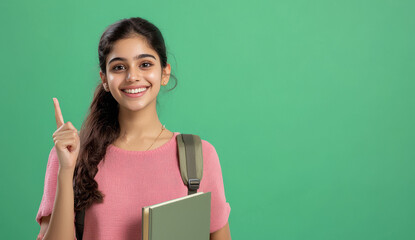 indian college girl holding book on green background