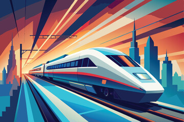 Modern High-Speed Train Vector illustration . A sleek and aerodynamic high-speed train in a futuristic setting, with motion lines indicating speed.