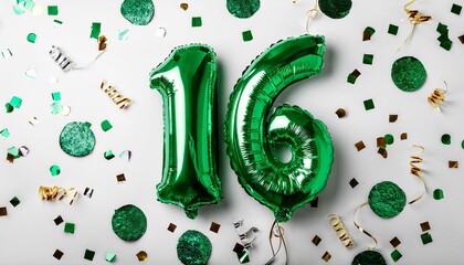 Green balloon number 16 for sixteenth birthday or anniversary party. White background with confetti