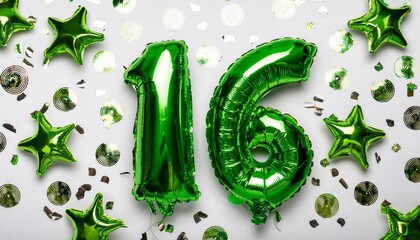 Green balloon number 16 for sixteenth birthday or anniversary party. White background with confetti