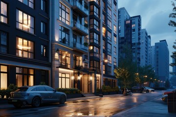 Ultra Hd Image of Modern Apartment Buildings on the Street in the Evening 3D Rendering
