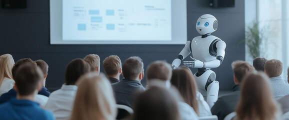 AI 로봇이 여러사람에게 강의를 하고 있다. An AI robot is giving a lecture to several people.