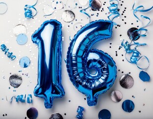 Blue balloon number 16 for sixteenth birthday or anniversary party. White background with confetti