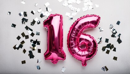 Pink balloon number 16 for sixteenth birthday or anniversary party. White background with confetti