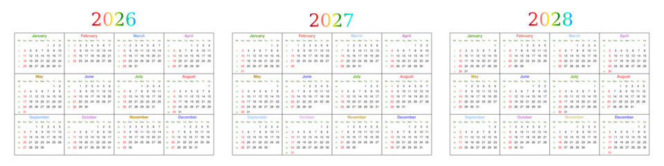 2026, 2027, 2028 calendar with week number. Text and font editable and replaceable. Vector template for business, schedule, organizer, and planner.
