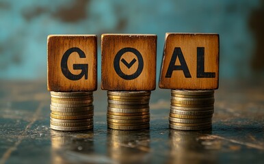 goal word blocks on stacked coins. The image suggests financial goals, time management, and strategic planning.