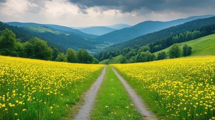 Obraz premium Mountain valley path through vibrant yellow wildflowers