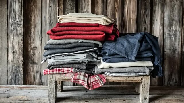 A colorful pile of folded cotton clothing, including jeans and shirts, stacked neatly on a white rack