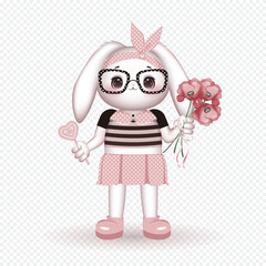 Isolated vector illustration of a cute bunny girl in glasses, holding a poppies bouquet in one hand and a heart-shaped lollipop in the other, on a transparent background