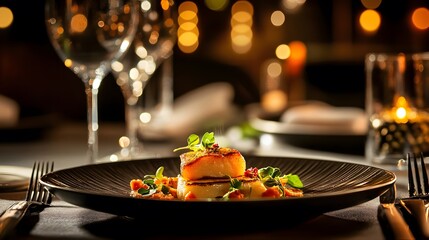 Gourmet Dining: A culinary masterpiece awaits, showcasing an artfully plated dish and wine glasses, all set within a warm, inviting restaurant ambiance.