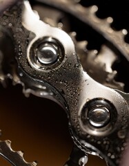 Ultra-macro image of a spinning bicycle chain, focusing on the fine details of the metal links, highlighting the intricate patterns and motion captured in high detail, with a dynamic blur of movement.