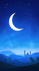 serene night scene with crescent moon and mosque