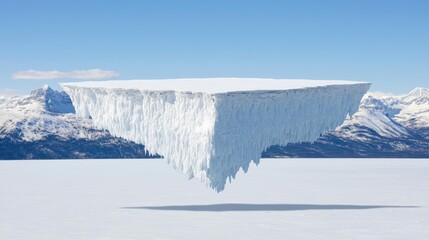 Floating Iceberg in Inverted Triangle Shapes Above Frozen Landscape and Mountain Range