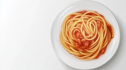 Delicious plate of spaghetti with rich tomato sauce against a clean white background