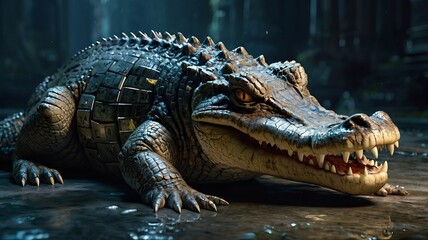 Obraz premium Intense Close-Up of a Crocodile’s Fierce Features Against a Dark and Dramatic Background 