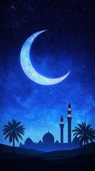 serene night scene with crescent moon and mosque