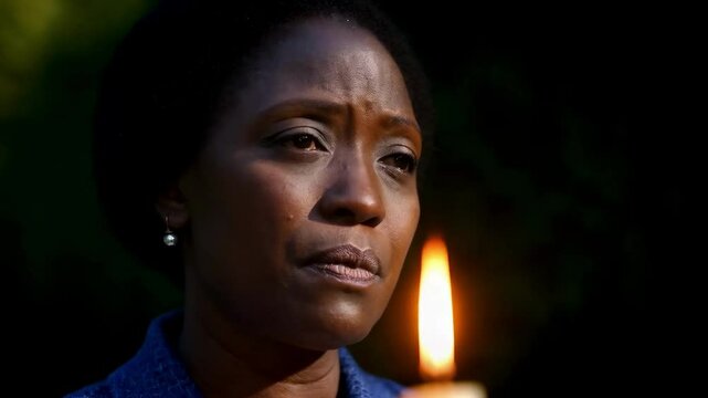 African American woman holding burning candle on dark background. Dramatic scene. Memorial and remembrance. Black History Month, Black lives matter