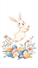 Fototapeta premium Silly bunny leaping with joy among colorful Easter eggs