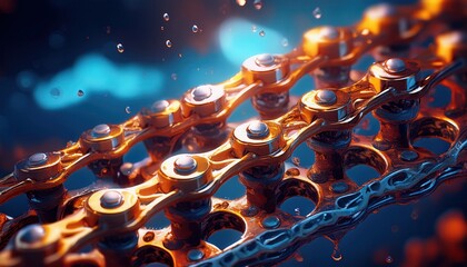 Ultra-macro image of a spinning bicycle chain, focusing on the fine details of the metal links, highlighting the intricate patterns and motion captured in high detail, with a dynamic blur of movement.