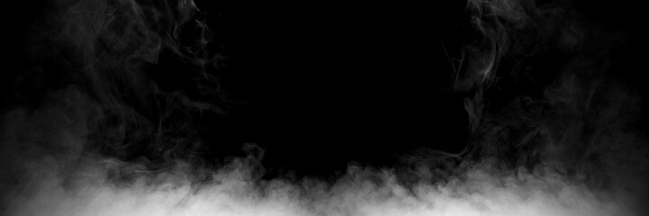Mysterious smoke billows out, separated from the background, creating an abstract mystical atmosphere as particles of vapor and incense float into the air. Dark grey smoke mixes with mistvapor