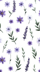 Watercolor floral pattern featuring purple and white flowers and green leaves