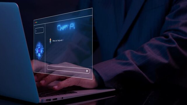 Businessman shows AI icon provide access information, digital chatbot concept. Artificial intelligence, machine learning concept, big data, cloud computing, computer network and innovation technology.