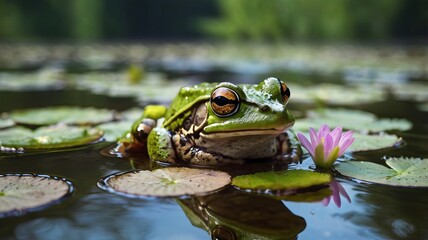 Obraz premium Small Green Frog Perched on a Leaf in a Tranquil Lake Surrounded by Nature