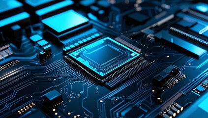 Fototapeta premium Close-up view of an electronic circuit board with green and blue components, showcasing a computer motherboard, microchips, and processors in a digital, high-tech design