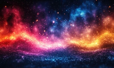 Obraz premium Colorful starry nebula background, vibrant hues of pink, orange, blue and purple, glowing particles, digital art, abstract, cosmic, space, universe, celestial, nebulae, galaxy, stars, stardust, glow