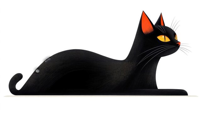 Sleek Black Cat Illustration with Striking Yellow Eyes and Orange Ears