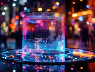 Luminous futuristic cityscape hologram with vibrant neon glows overlaying abstract digital representation