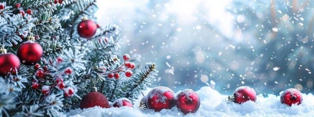 Christmas snowy background. Christmas tree decorated with red balls and knitted toys in forest in snowdrifts and copy space.