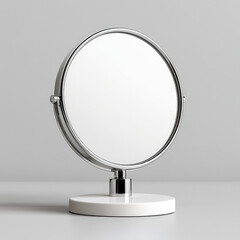 A modern, circular makeup mirror with a chrome frame and white base, standing on a gray background.