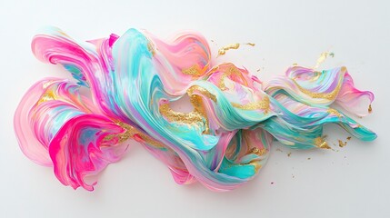 Fototapeta premium Abstract pastel pink, blue, and gold paint swirls on white.