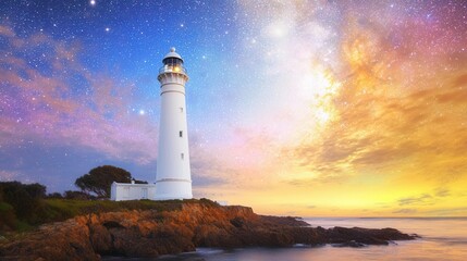 Serene Coastal Lighthouse Under a Starry Night Sky